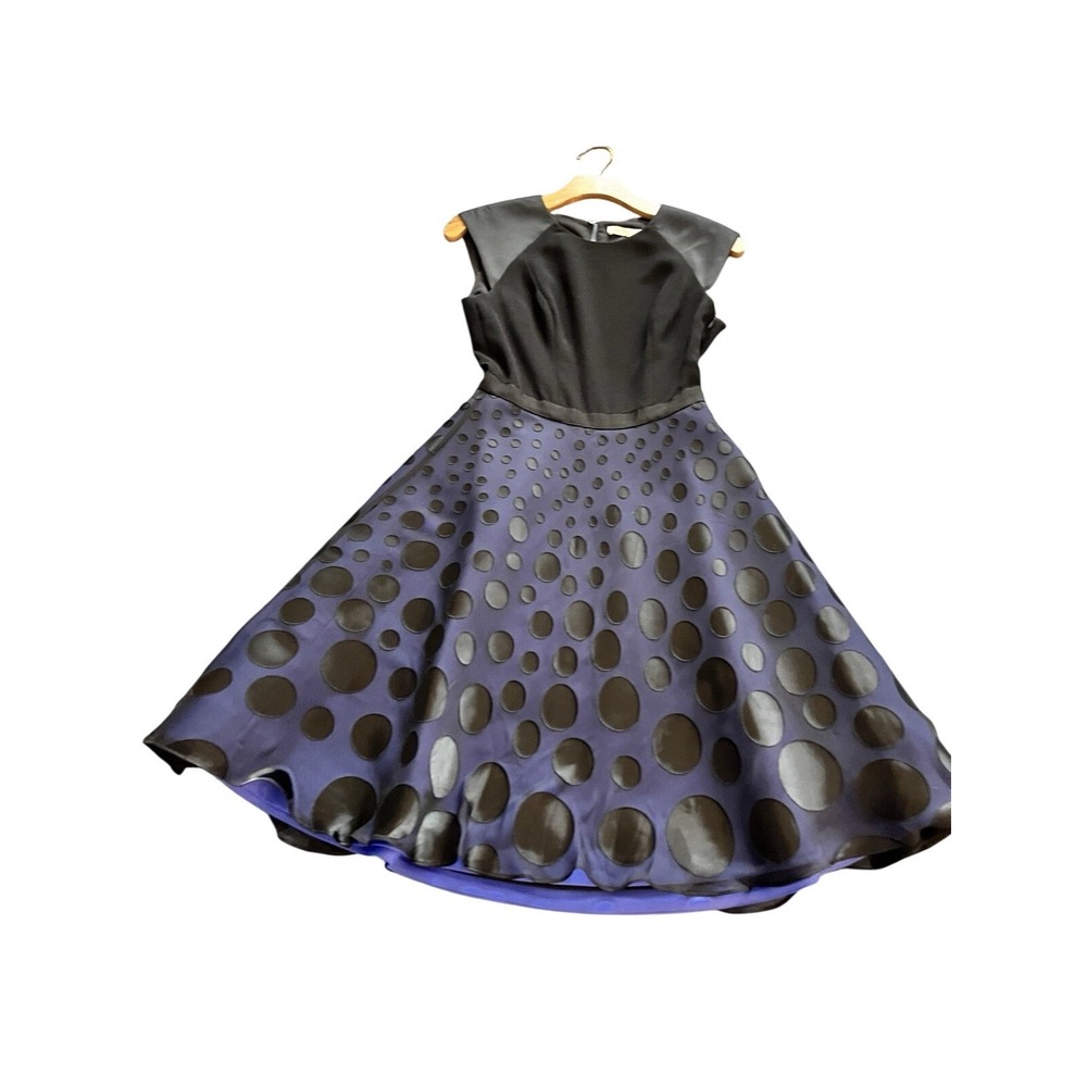 Halston Heritage Women's Sleeveless Black And Blue Polka Dot Fit Flare Dress 0